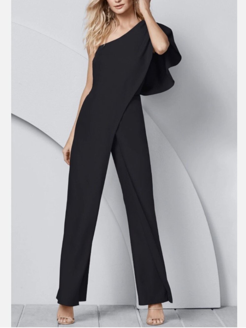 VENUS One-Shoulder Black Wide Leg Jumpsuit Size 2 Flutter Sleeve
